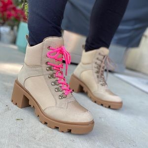 Brand New Nude / Beige Hiking Style Heeled Boots